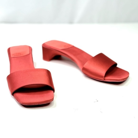 Jeffrey Campbell Shoes - Jeffrey Campbell Anthro Low-Key Heels Coral satin slip on mules kitten heel 6.5